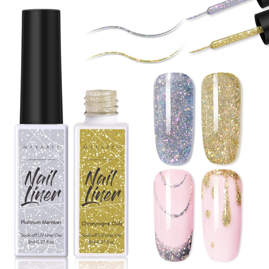 Makartt Nail Art Gel Liner Polish Set 8Ml, 2 Colors Reflective Glitter Silver Gold Gel Nail Art Paint Soak Off Uv Curing Built I