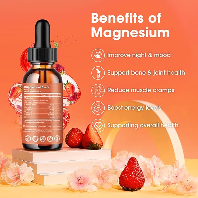 Magnesium Glycinate Liquid Drops,1000 mg Liquid Magnesium Supplement with Bromelain, Vitamin B6 C D, High Absorption Magnesium Complex for Night, Muscle & Energy Support, 2 Fl Oz (Pack of 2)