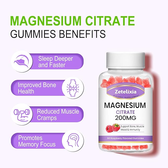 2 Pack Magnesium Citrate Gummies, High Absorption Magnesium Gummies for Adults, Muscle & Teeth Support, 60 Vegan Natural Raspberry Gummies