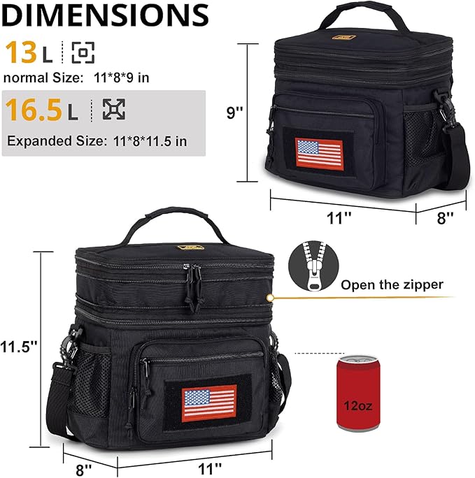 ATRIPACK Lunch Bag for Men, Double Deck Tactical Lunch Box Work with Shoulder Strap MOLLE Webbing Large Lunch Cooler Leakproof Insulated （Black）