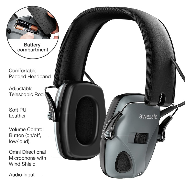 awesafe Electronic Shooting Earmuffs Ear Hearing Protection Headphones for Shooter Gun Range Noise Reduction Sound Amplification (Gray)
