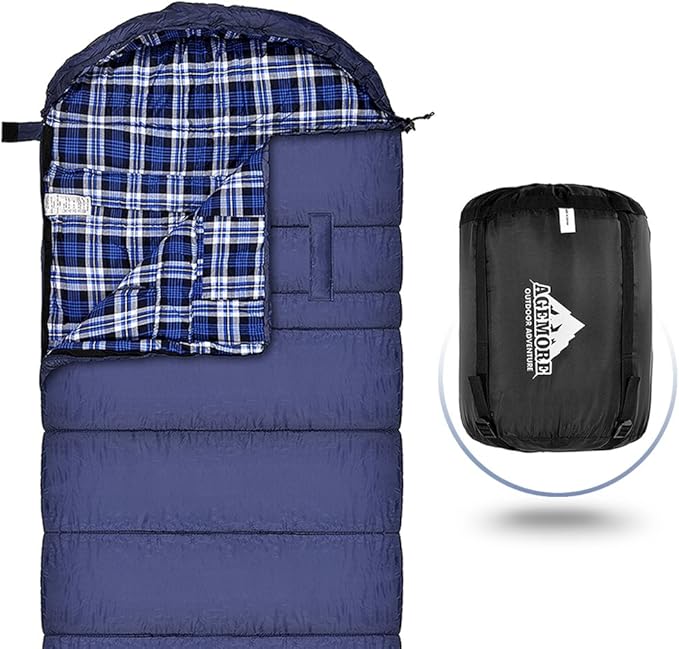 AGEMORE Cotton Flannel Sleeping Bag XL for Camping, Envelope Sleeping Bags for Adults 91"X35", Great for 3-4 Season Traveling, Hiking & Outdoor Activities, Waterproof Comfort with Compression Sack