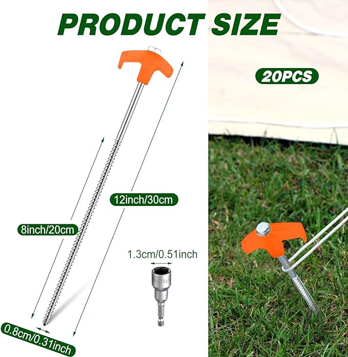 Hicarer 12 Inch Tent Stakes Screw in Camping Stakes Heavy Duty Metal Stake Ground Anchor Peg Threaded Tent Spikes with Hex Head Driver for Camping Garden Inflatable