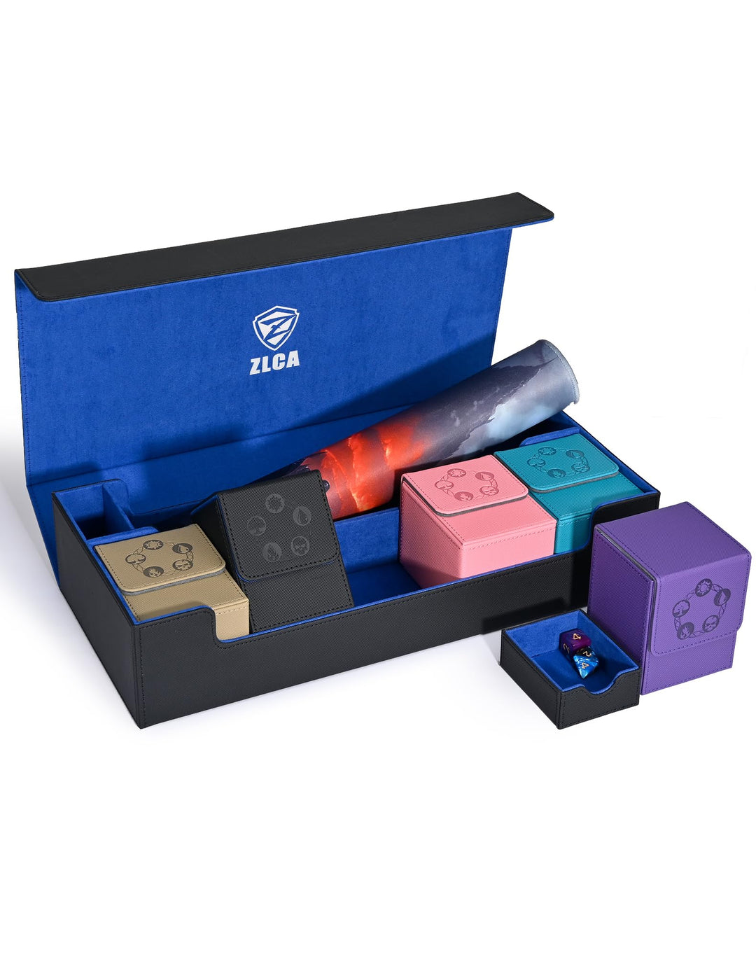 ZLCA Card Deck Box 6 In 1 with MTG Playmat, Premium Card Storage Box with 5 Pcs MTG Deck Box Holds 2400+ Trading Cards, Large TCG Card Deck Case for Magic Yugioh Sports Cards (Black&Blue Kit)