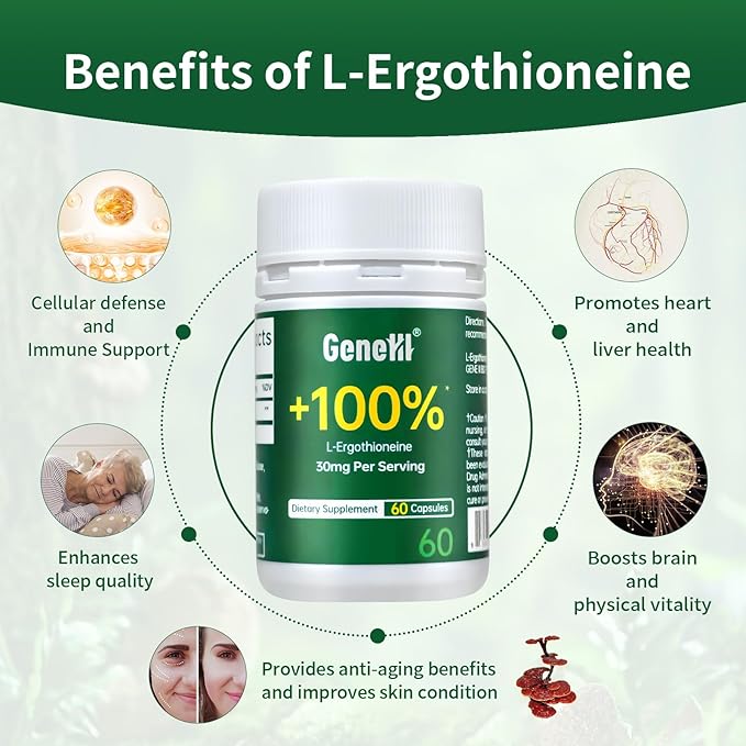 L-Ergothioneine Supplement, 30mg(EGT)/Serving, 6X Ergothioneine Mushroom Extract Supplements Longevity, Immune Support, Heart Health & Brain Supplement, Lab Tested, Made in USA, 60 Servings