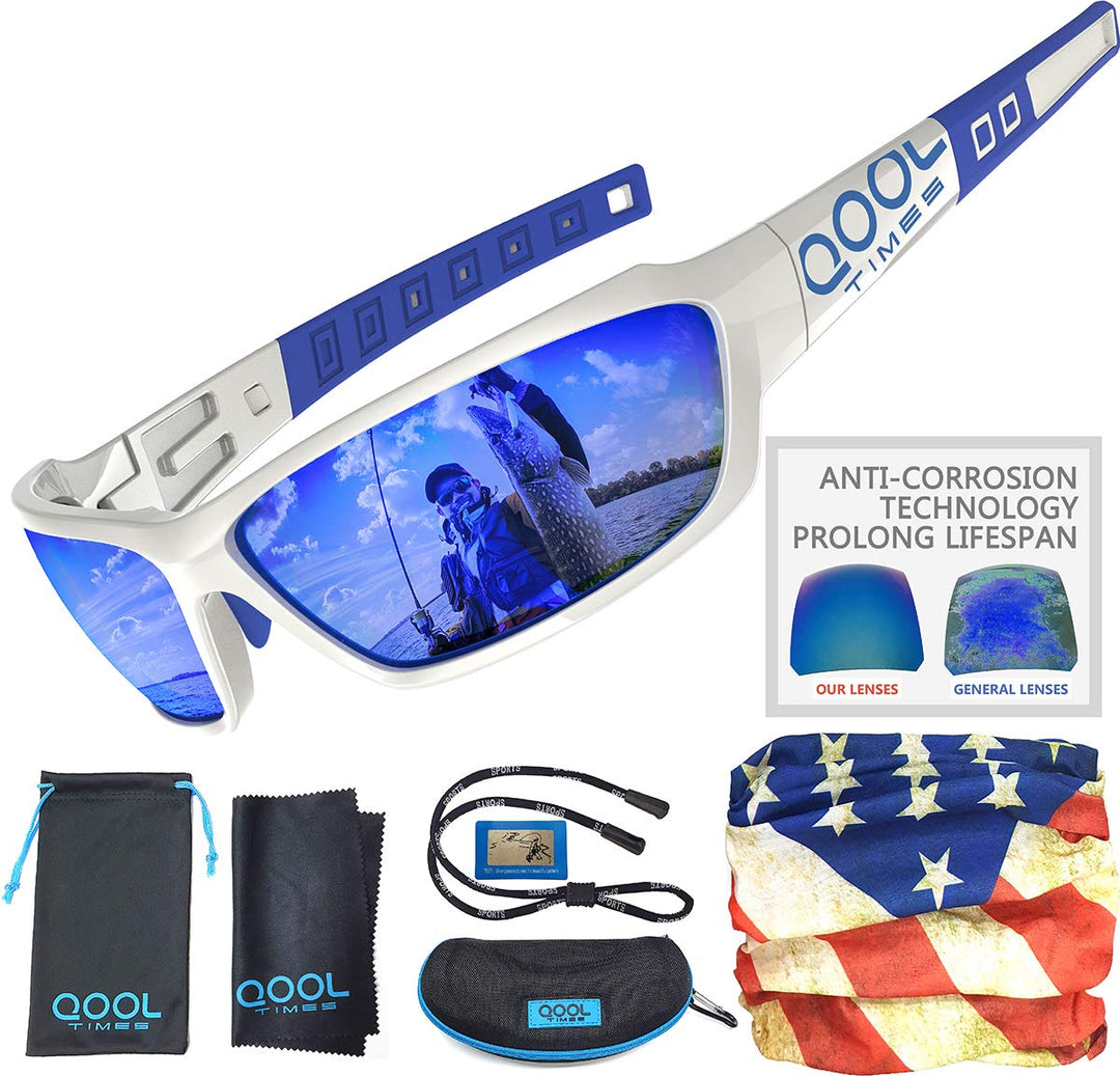 QOOL TIMES Living out your Polarized Sunglasses for Men Women Medium to Large, White Blue Lens