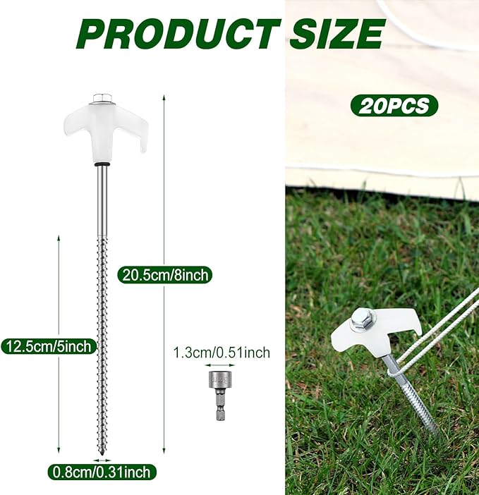 Hicarer 20 Pcs 8'' Screw in Tent Stakes Heavy Duty Ground Anchors Screw in Tent Pegs Ground Stakes Tent Spikes Metal Tent Spikes with Hex Head Driver for Camping Garden Canopies (Luminous White)