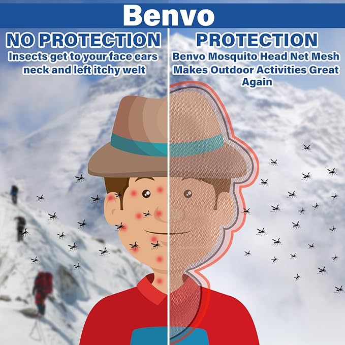 Benvo Mosquito Head Net Mesh One Piece Face Neck Fly Netting Cover from Bugs Gnats Noseeums Hat-Compatible Insect Shield for Fishing, Camping, Gardening (2pcs, Grey, Upgraded Big Net)