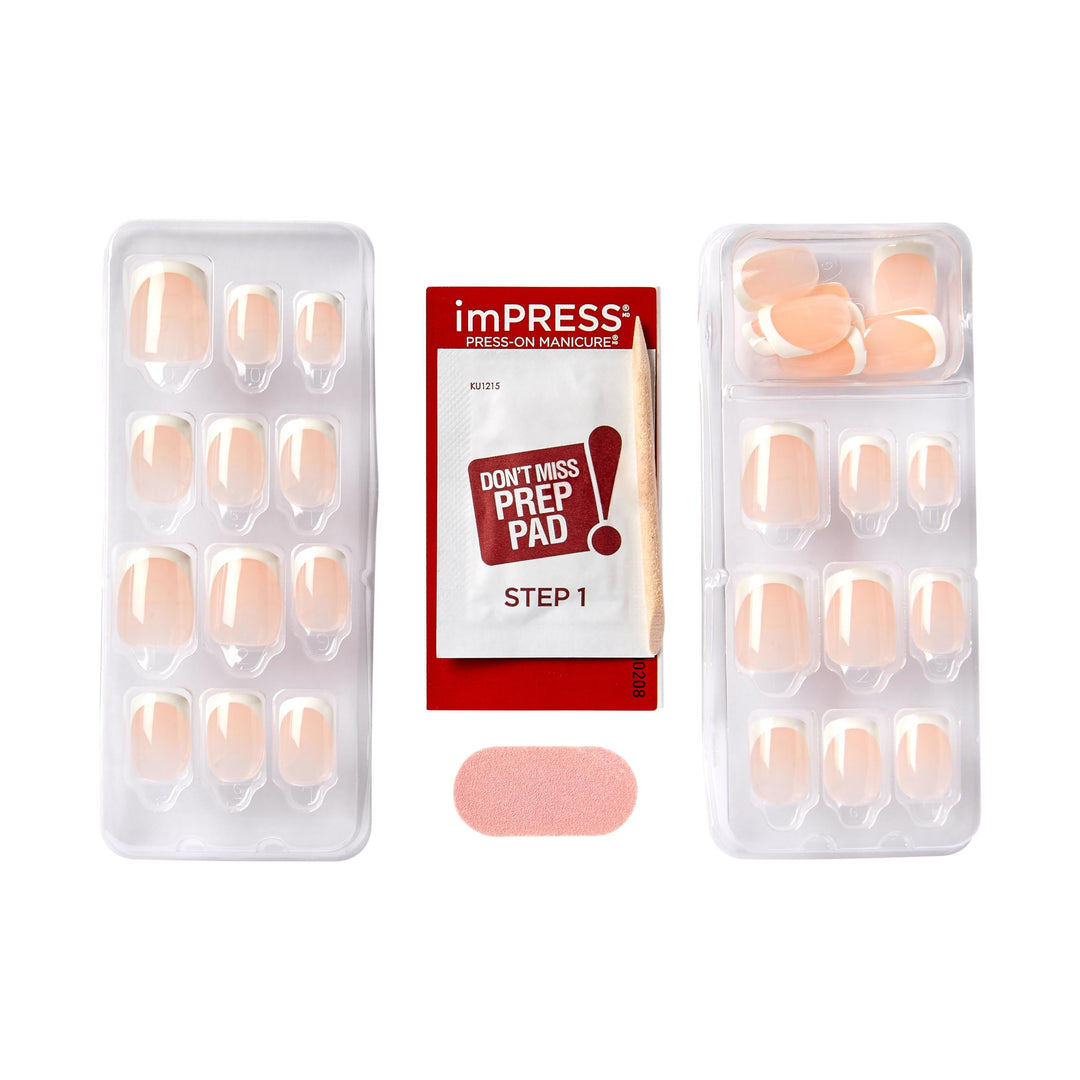 KISS imPRESS No Glue Mani Press-On Nails, French, 'Model', Light Neutral + White Tip French, Short Size, Squoval Shape, Includes 30 Nails, Prep Pad, Instructions Sheet, 1 Manicure Stick, 1 Mini File