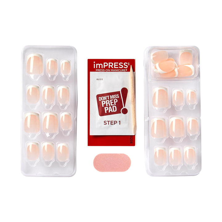 KISS imPRESS No Glue Mani Press-On Nails, French, 'Model', Light Neutral + White Tip French, Short Size, Squoval Shape, Includes 30 Nails, Prep Pad, Instructions Sheet, 1 Manicure Stick, 1 Mini File