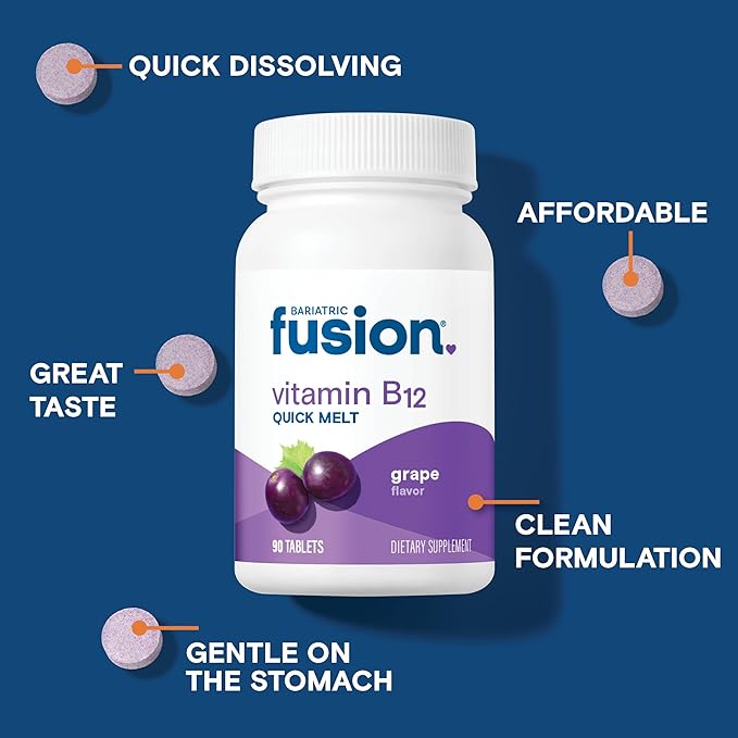 Bariatric Fusion Vitamin B12 Sublingual 1000 mcg Melts | Grape Flavored | Vitamin B12 Dissolve Under Tongue Tablets with Folic Acid | Sugar Free | Methylcobalamin | 90 Count