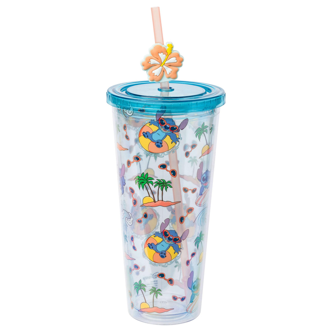 Silver Buffalo Lilo and Stitch Ocean Palm Toss Plastic Cold Cup w Lid and Topper Straw, 24 Ounces