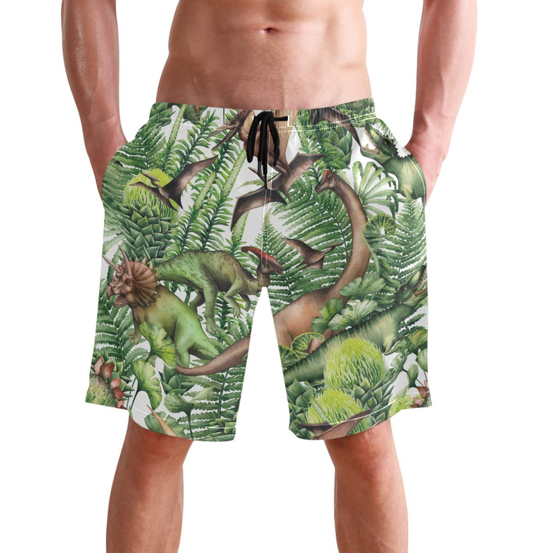visesunny Men's Novelty Dinosaur Green Plant Pattern Beach Shorts Swim Trunks Sports Running Bathing Suits with Mesh Lining