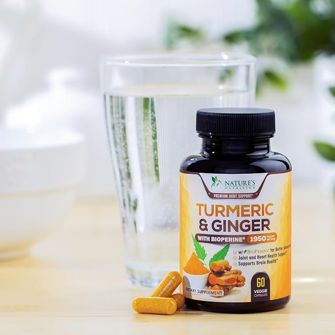 Turmeric Curcumin Supplement 1950mg with Organic Turmeric & Ginger, 95% Curcuminoids, BioPerine Black Pepper for Best Absorption, Nature's Vegan Joint Support, Non-GMO, Bottled in USA - 60 Capsules