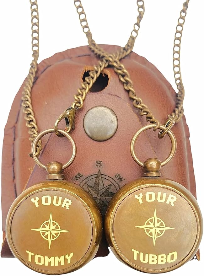 Backone Your Tommy Your Tubbo Lock It Compass Nautical Antique Engraved Brass Compass, with Leather Carry Case, with Chain Pirates Compass, Hiking Outdoor |Compass