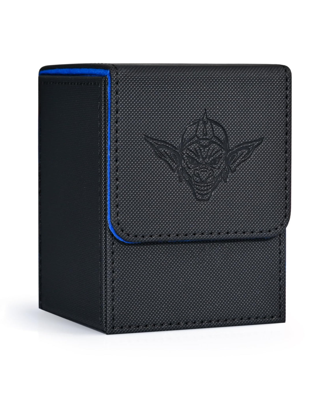 ZLCA Card Deck Box for Trading Cards with 2 Dividers, Card Storage Box Fits 100+ Single Sleeved Cards, PU Leather Strong Magnet Card Deck Case Holder for Magic Commander TCG CCG (Black&Blue,Goblin)
