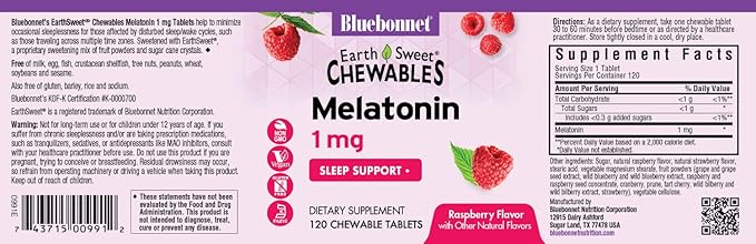 Bluebonnet Nutrition EarthSweet Melatonin 1 mg Fast-Acting Quick Dissolve Nighttime Relaxation & Restful Sleep Support - Sleep Aid - Gluten-Free, Vegan - Raspberry Flavor - 120 Chewable Tablets