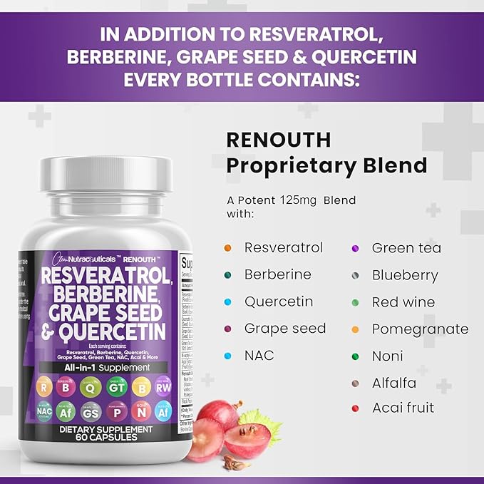 Clean Resveratrol Supplement | Berberine Grape Seed Extract Quercetin Green Tea Extract Acai Noni Polyphenol Supplement for Women & Men Anti Aging N-Acetyl Cysteine NAD Booster