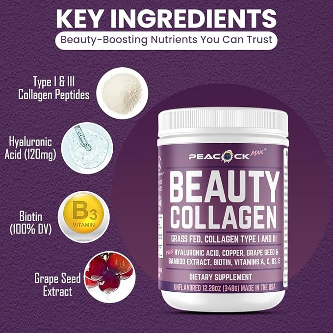 Beauty Collagen Peptides for Women 12.28 oz – Hydrolyzed Collagen Peptides Type I & III Protein Powder with Hyaluronic Acid, Grass Fed Collagen, Biotin, Grape Seed Extract, Multivitamins
