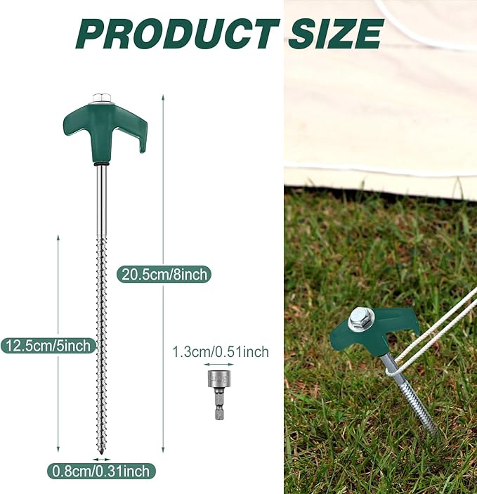 Hicarer 10 Pcs 8'' Screw in Tent Stakes Heavy Duty Ground Anchors Screw in Tent Pegs Ground Stakes Tent Spikes Metal Tent Spikes with Hex Head Driver for Camping Garden Canopies (Dark Green)