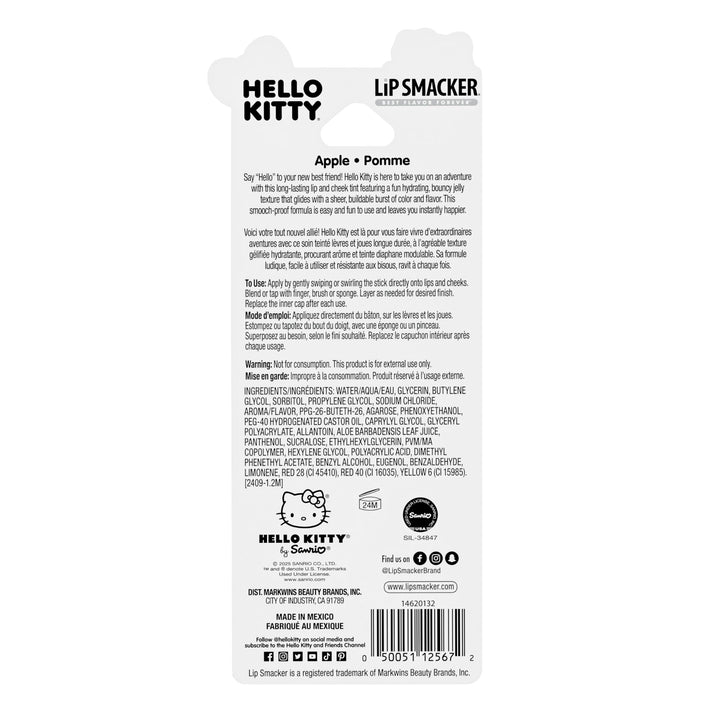 Lip Smacker Hello Kitty So Jelly Lip & Cheek Tint, Moisturizing Sheer & Buildable Color, Fun Bouncy Jelly Texture, Sweet Apple Flavor - Apple