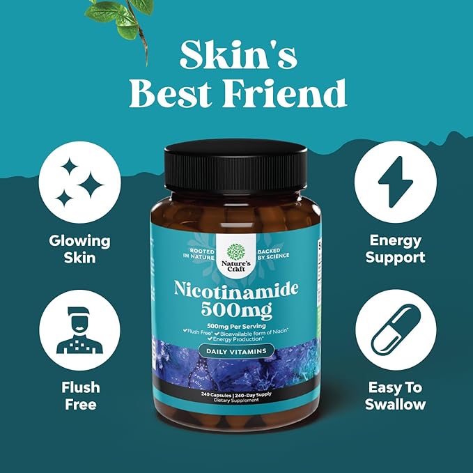 Vitamin B3 Niacinamide 500mg Capsules - Mitochondrial Energy and Potent Skin Supplement - AKA Vitamin B3 Niacin 500mg Flush Free and Nicotinamide 500mg - Flush Free Niacin Supplement - 240 Count