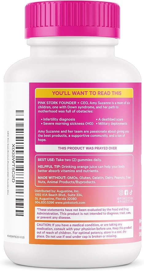 Pink Stork Premium Prenatal Gummy Vitamins with DHA, Folate, and Vitamin D - Multivitamin and Nutrient Blend for Neural Tube and Fetal Brain Development - Pregnancy Must Haves - 60 Vegan Gummies