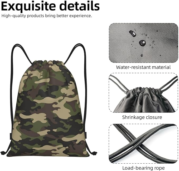 Camo Drawstring Backpack Cool Camouflage Drawstring Bags Gym Sports Bag Army Green Cinch Bag Camo Polyester Sackpack Woodland Travel Storage Bag