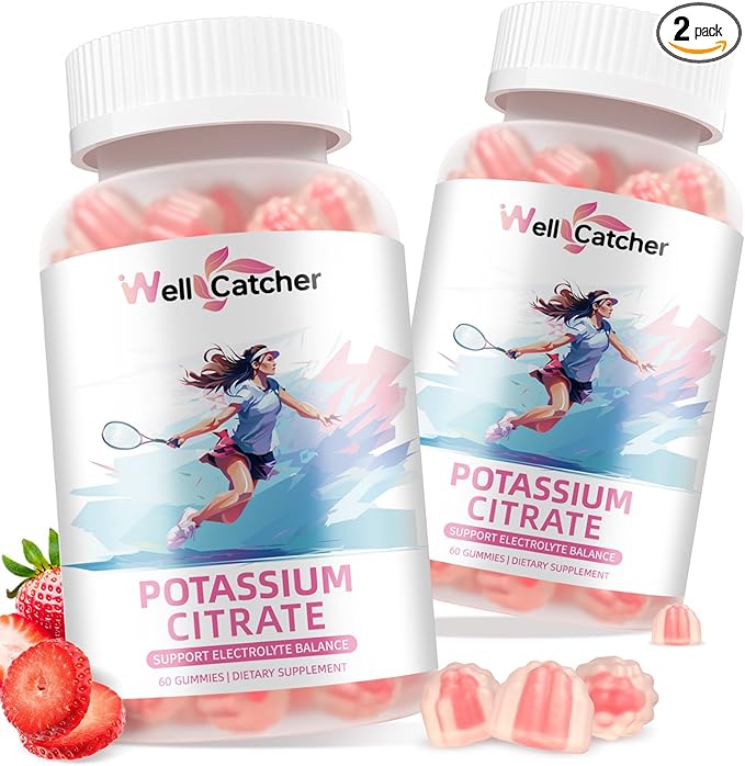 Potassium Citrate Gummies for Adults Men Women - High Potassium Supplement 500 MG Sugar Free Support Electrolyte Balance Leg Cramps Vegan Non-GMO Organic Strawberry Flavor 2 Packs