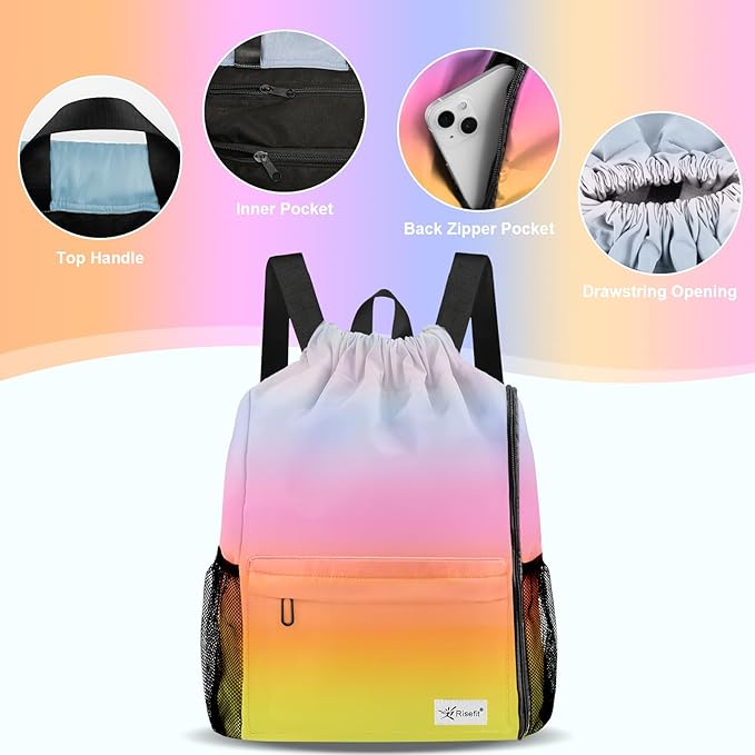 Drawstring Backpack with Mesh Pockets String Gym Bag Sackpack Sandproof Water Resistant Beach Backpack for Men Women