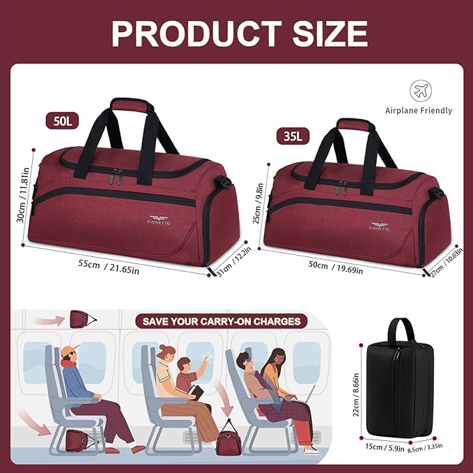 FIORETTO 35L Mens Sports Gym Bag with Toiletry Bag & Shoe Compartment, Travel Duffle Bag Overnight Bag with Padded Shoulder Strap, Sports Holdall for Swimming, Basketball Red