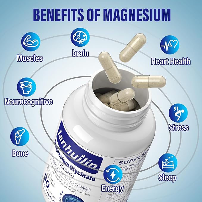 6-in-1 Magnesium Complex, 420mg Pure Magnesium Glycinate, Magnesium Supplement with GABA, 5-HTP, L-Theanine, L-Tyrosine, Vegetarian & High Absorption, 90 Capsules