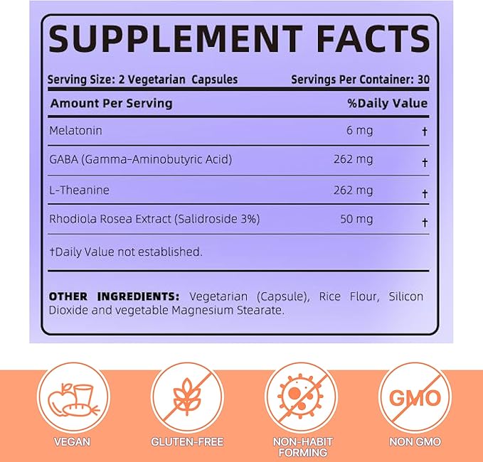 4 in 1 Sleep Aid for Adults, Melatonin 5mg with Rhodiola Rosea, GABA 250 mg, L Theanine 250mg, Relaxation and Sleep Supplement, 60 Capsules