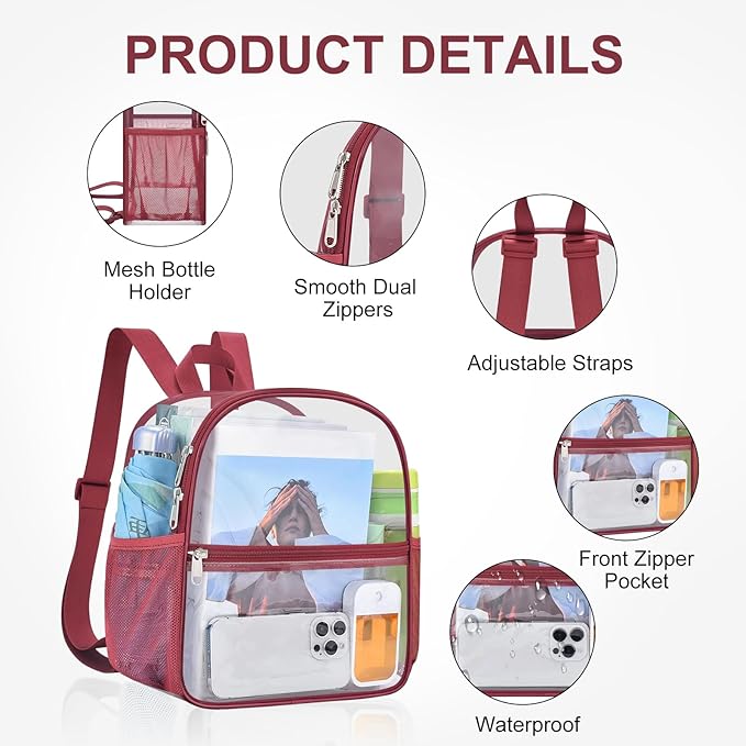 USPECLARE Clear Backpack Stadium Approved 12X11x6, Waterproof Clear Bag Stadium Backpack for Concert Work Sport Event