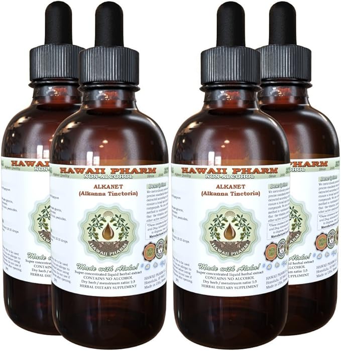 Alkanet Alcohol-Free Liquid Extract, Alkanet (Alkanna Tinctoria) Dried Root Glycerite Hawaii Pharm Natural Herbal Supplement 4x4 oz