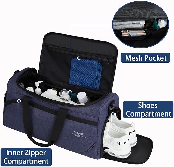 FIORETTO 35L Mens Sports Gym Bag with Toiletry Bag & Shoe Compartment, Travel Duffle Bag Overnight Bag with Padded Shoulder Strap, Sports Holdall for Swimming, Basketball Navy