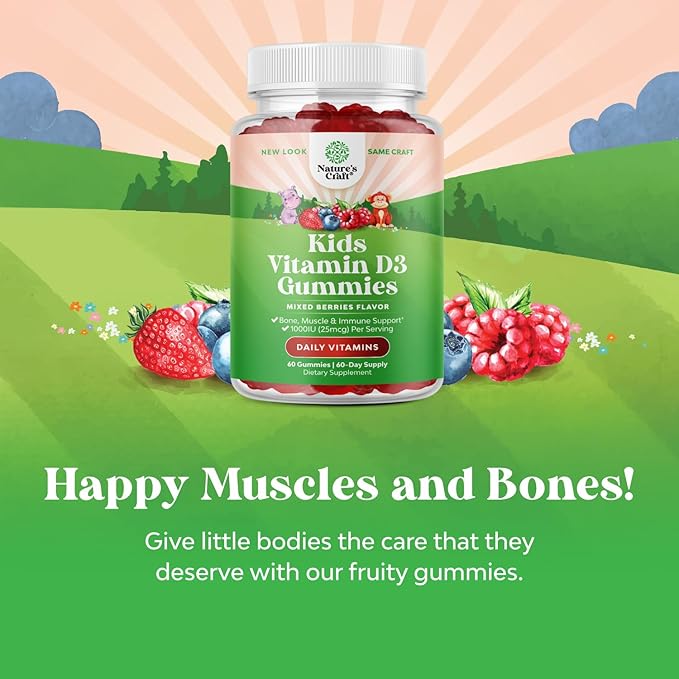 Chewable Vitamin D Gummies for Kids - Delicious Vitamin D 1000 IU Per Serving - Toddlers Immune Support Gummies - Berries Flavored Supplement for Bones Health & Muscles - Gelatin Free - 60 Chews