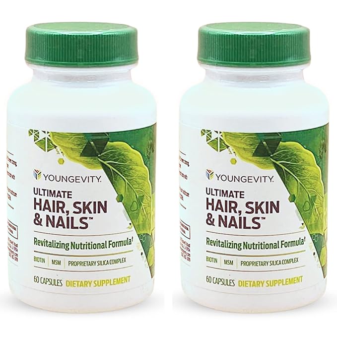 Youngevity Ultimate Hair, Skin, and Nails | 2000 mcg Biotin + Essential CoFactors | 9 Vitamins/Minerals, Paba, Silica, MSM, B-6 | (Pack of 2)
