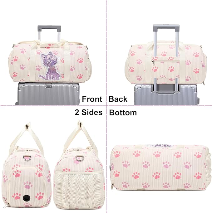 Dance Bag for Girls Sports Duffle Bag Teen Gym Bag Ballet Bag with Separate Dry Wet Pocket and Shoes Compartment Weekender Overnight Bag for Teen Girls Corduroy Sequined Cat（Cat Beige）