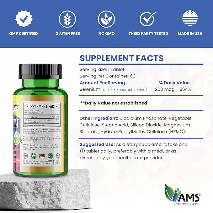 America Medic & Science Selenium 200 mcg (1 Pack of 60 Tablets) Pure Dietary Supplement for Men and Women, Essential Trace Mineral and Powerful Antioxidant Best for Immune Support and Thyroid Health