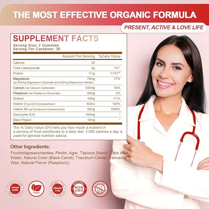 Magnesium Glycinate Gummies 400mg - Sugar Free Magnesium Potassium Supplement with Magnesium Malate, Vitamin D, B6, and CoQ10 for Calm Support & Sleep for Adults - Raspberry Gummies