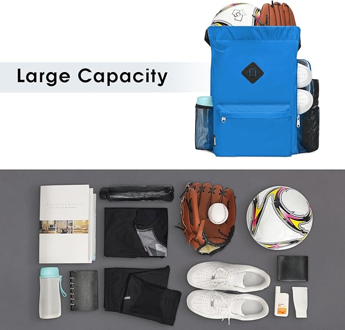 WANDF Drawstring Backpack Sports Gym Bag with Shoes Compartment, Water-Resistant String Backpack Cinch for Women Men(Large,Dark blue)