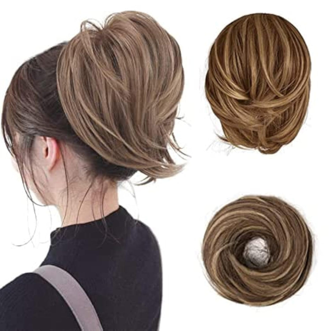BARSDAR Straight Hair Bun Extensions, Straight Short Ponytail Hair Bun Hairpieces Synthetic Fully Hair Bun Extension with Elastic Scrunchies for Women Girls- Light Golden Brown & Blonde