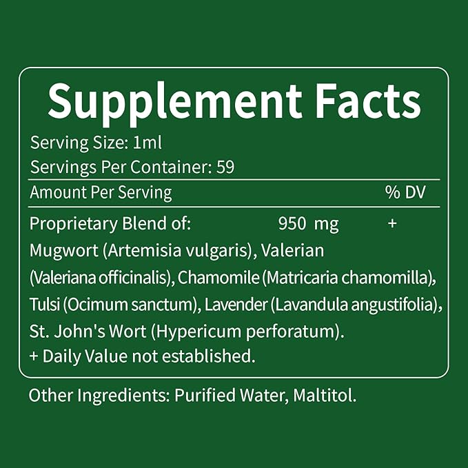 Mugwort Herb Liquid Drops for Sleep Support, Mugwort Leaves(Artemisia vulgaris) All in 1 Formula for Relaxation Support, Herbal Supplement with Valerian Chamomile Tulsi Lavender Extract.2oz