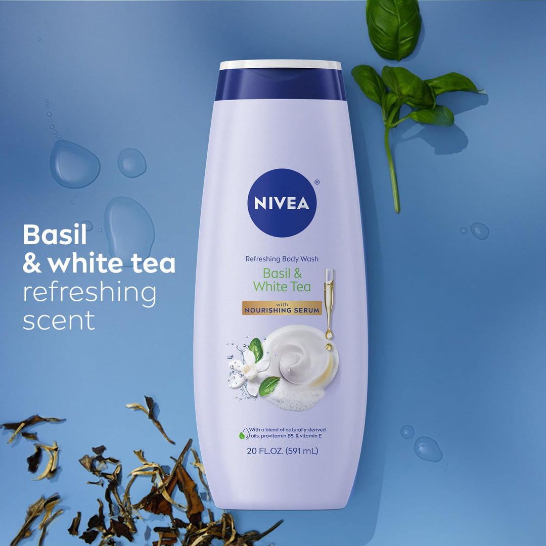 NIVEA Refreshing Basil and White Tea Body Wash with Nourishing Serum, Scented Body Wash for Women, Enriched with Provitamin B5 and Vitamin E, 20 Fl Oz Bottle