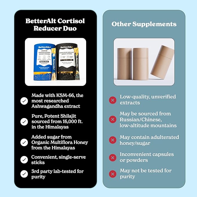 Better Alt Ashwagandha & Classic Shilajit Honey Sticks | KSM-66 Ashwagandha, Pure Himalayan Shilajit with Organic Multiflora Honey & Saffron | 60 Sticks |Energy & Immune Support Supplement (Classic + Ashwagandha)