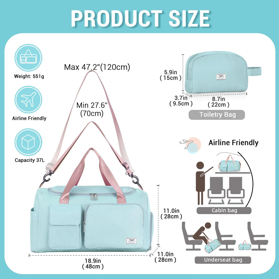 FIORETTO Women's Water-Resistant Gym Duffle Bag with Shoes Compartment, 37L Capacity, Multi-Functional, Ideal for Travel, Gym, Sports, Weekender, with Toiletry Bag, Green & Pink