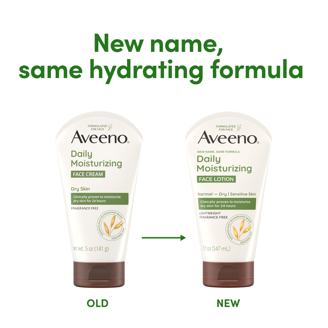 Aveeno Daily Moisturizing Face Lotion with Soothing Prebiotic Oat, Gentle Lotion Nourishes Normal to Dry Skin With Moisture, Facial Lotion for Sensitive Skin, Fragrance-Free, 5 oz