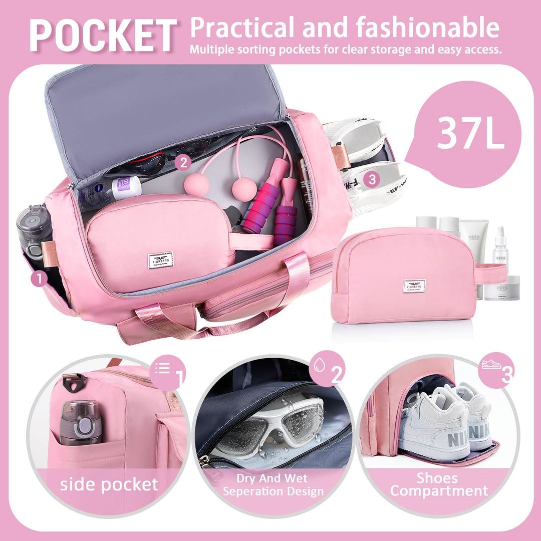 FIORETTO Women's Water-Resistant Gym Duffle Bag with Shoes Compartment, 37L Capacity, Multi-Functional, Ideal for Travel, Gym, Sports, Weekender, with Toiletry Bag, Pink