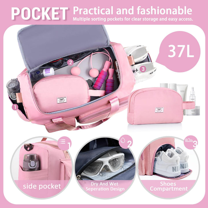 FIORETTO Women's Water-Resistant Gym Duffle Bag with Shoes Compartment, 37L Capacity, Multi-Functional, Ideal for Travel, Gym, Sports, Weekender, with Toiletry Bag, Pink